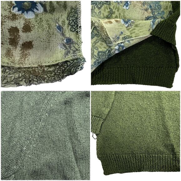 Zara Knit Floral Chiffon Sweater Tunic High Low Split Hem Long Sleeves Green - Picture 5 of 12